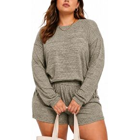 Plus Size 2 Piece Lounge Set for Women, Long Sleeve Top and Shorts Pajama Set, Soft Loungewear Outfits with Pockets in Saudi Arabia