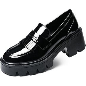 Black Chunky Fringe Platform Loafers for Women Slip On Patent Leather Lug Sole Casual Dressy Business Work Shoes in Saudi Arabia