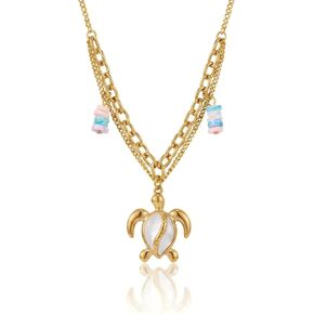 Harlermoon Layered Snake Chain Necklace for Women, 18K Gold Plated Stainless Steel, Aesthetic Mermaid Enamel Starfish Sea Turtle Shell Charm with Pearl, Boho Coastal Vacation Gift in Saudi Arabia