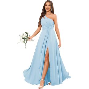 One Shoulder Bridesmaid Dress with Ruffle Slit Maxi Formal Wedding Guest Chiffon Ruched Empire Waist Evening Gown in Saudi Arabia
