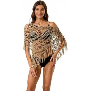 MELTIN Women's Crochet Knit Cover Up, Bohemian Sequined Tassel Shawl, Off Shoulder Beach Poncho,Swimsuit Wrap 2026 (brown, medium) in Kuwait