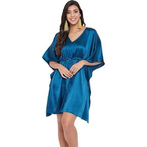 Oussum Women Satin Silk Short Caftan Tunic Dress Plus Size Beach Cover Up Mini Dresses for Sleepwear Nightwear Loungewear (Corsair Blue) in Saudi Arabia
