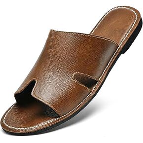Men'S Genuine Leather Flat Slides Sandals Summer Classic Round Open Toe Slip On Softsole Male Sandals For Beach Walking Slides in Saudi Arabia