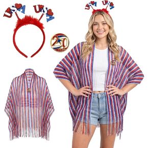 4th of July Accessories for Women - Patriotic American Flag Outfits Red White and Blue Shawl with 250 Anniversary USA Pin and Headband in Saudi Arabia