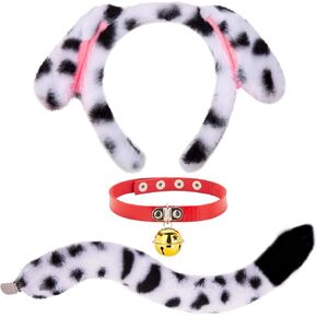 JIALWEN Dalmatian Costume Set Dog Ears Headband and Tail Red Leather Choker Collar with Gold Bell Puppy Animal Halloween Party Cosplay Dress Up Accessories for Adults in Saudi Arabia