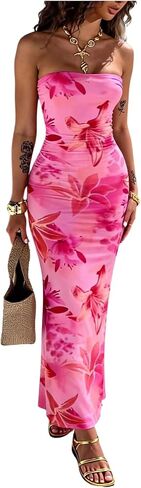 OYOANGLE Women's Floral Strapless Bodycon Maxi Dress Boho Sleeveless Slit Hem Vacation Tube Top Dresses in Kuwait