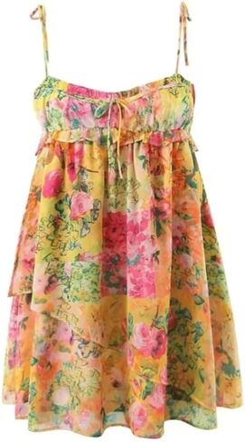 Women's Floral Print Suspender Mini Dress with Backless Lace Up Beach Dress in Kuwait