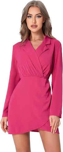 WDIRARA Women's Wrap V Neck Ruched Lapel Collar Long Sleeve Wrap Hem Mini Shirt Dress in Kuwait