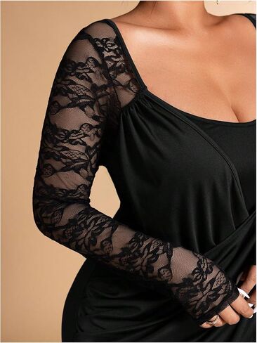 SOLY HUX Women's Plus Size Lace Dress Criss Cross Wrap Ruched Long Sleeve Bodycon Party Mini Dresses in Kuwait