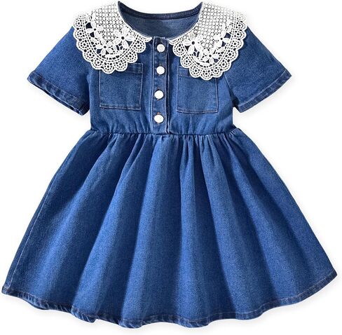 Toddler Girls Denim Dress Scalloped Lace Collar Outfit Dress 1-5 Years in Saudi Arabia