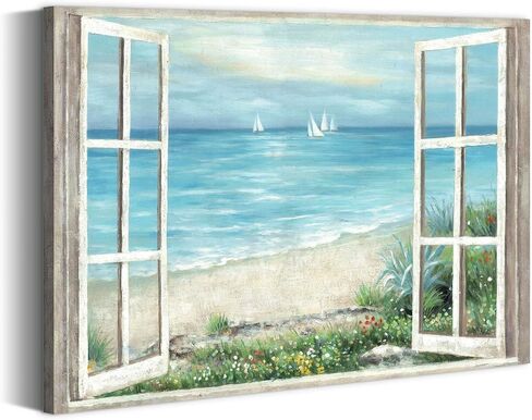 summer melody Window Coastal Canvas Wall Art - Beach Seascape Painting Serene Ocean View Artwork Sailboats & Wildflowers Picture for Living Room Bedroom Decor in Saudi Arabia