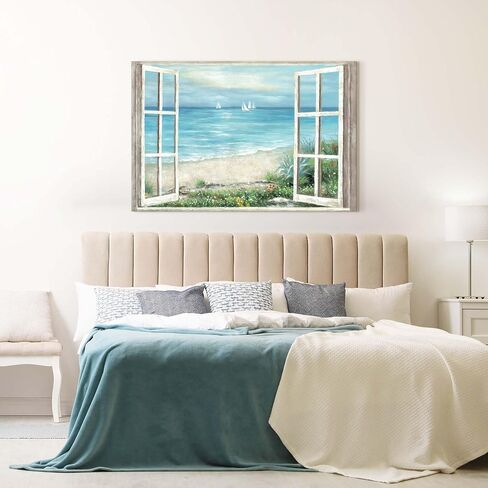summer melody Window Coastal Canvas Wall Art - Beach Seascape Painting Serene Ocean View Artwork Sailboats & Wildflowers Picture for Living Room Bedroom Decor in Saudi Arabia