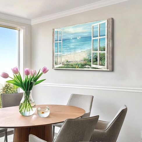 summer melody Window Coastal Canvas Wall Art - Beach Seascape Painting Serene Ocean View Artwork Sailboats & Wildflowers Picture for Living Room Bedroom Decor in Saudi Arabia