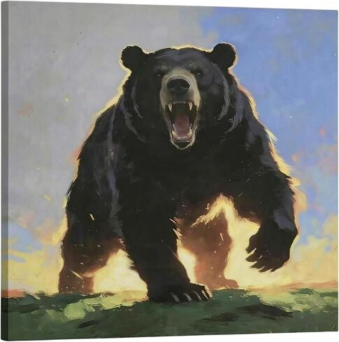 DIIMOST Black Bear Canvas Wall Art, Wildlife Sunset Oil Painting, 16x16in | US hand-finished, thick canvas, HD vivid print, fade resistant, solid wood gallery wrap, ready to hang, multi sizes decor in Kuwait