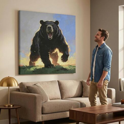 DIIMOST Black Bear Canvas Wall Art, Wildlife Sunset Oil Painting, 16x16in | US hand-finished, thick canvas, HD vivid print, fade resistant, solid wood gallery wrap, ready to hang, multi sizes decor in Kuwait