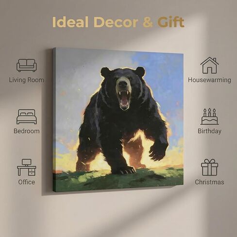 DIIMOST Black Bear Canvas Wall Art, Wildlife Sunset Oil Painting, 16x16in | US hand-finished, thick canvas, HD vivid print, fade resistant, solid wood gallery wrap, ready to hang, multi sizes decor in Kuwait