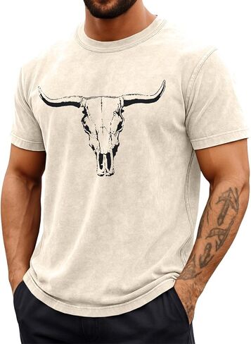 Mens Western Country Cowboy Shirts Boho Bull Skull Graphic Shirt Country Concert Acid Washed Tee in Saudi Arabia