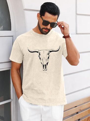 قمصان رجالي من Western Country Cowboy تي شيرت بوهو بول جمجمة برسومات جرافيكية في الريف والحفلات الموسيقية وحامض مغسول in Kuwait