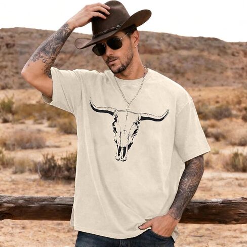 قمصان رجالي من Western Country Cowboy تي شيرت بوهو بول جمجمة برسومات جرافيكية في الريف والحفلات الموسيقية وحامض مغسول in Kuwait