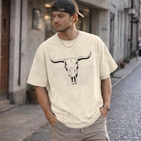 قمصان رجالي من Western Country Cowboy تي شيرت بوهو بول جمجمة برسومات جرافيكية في الريف والحفلات الموسيقية وحامض مغسول in Kuwait