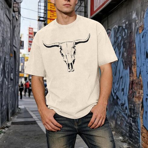قمصان رجالي من Western Country Cowboy تي شيرت بوهو بول جمجمة برسومات جرافيكية في الريف والحفلات الموسيقية وحامض مغسول in Kuwait