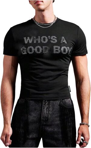 RoseSeek Men's Rhinestone Letter Y2K T Shirts Short Sleeve Crew Neck Fitted Tee Tops Summer Top in Saudi Arabia