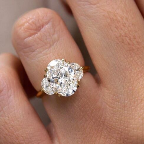 3 CT Oval Trilogy Engagement solitaire silver 925 Ring,Oval Cut Three Stone With Half Moon Side Stone Gift Wedding Ring For,Women women For Her solitire stone gold plated with a transparent,solitire jewellery. in Saudi Arabia