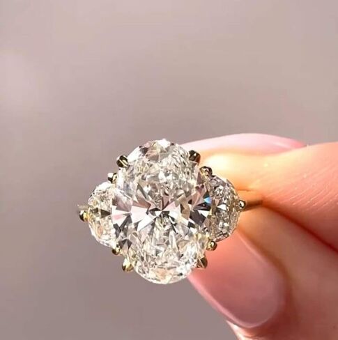 3 CT Oval Trilogy Engagement solitaire silver 925 Ring,Oval Cut Three Stone With Half Moon Side Stone Gift Wedding Ring For,Women women For Her solitire stone gold plated with a transparent,solitire jewellery. in Saudi Arabia