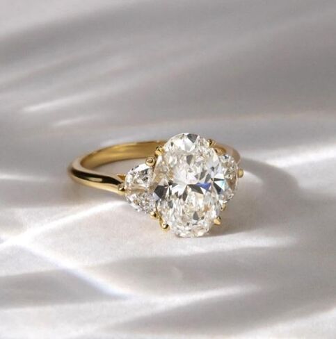 3 CT Oval Trilogy Engagement solitaire silver 925 Ring,Oval Cut Three Stone With Half Moon Side Stone Gift Wedding Ring For,Women women For Her solitire stone gold plated with a transparent,solitire jewellery. in Saudi Arabia