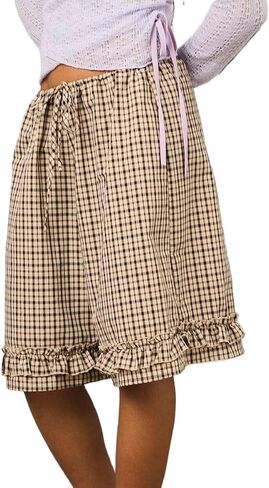 Women Plaid Baggy Shorts Knee Length Y2k Cute Ruffle Hem Wide Leg Bottoms Drawstring Low Waist Pleated Shorts in Saudi Arabia
