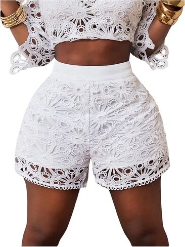 WDIRARA Women's Crochet Hollow Out Mini Shorts High Waisted Summer Shorts in Kuwait
