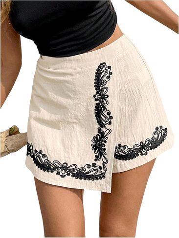 MakeMeChic Women's Boho Vacation Wrap Shorts Floral Embroidery High Waist Shorts in Kuwait