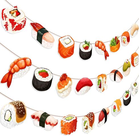 Sushi Theme Party Banner Garland, 3pcs Cute Sushi Roll Nigiri Hanging Garlands, Japanese Food Themed Party Decorations for Birthday Baby Shower Cooking Class Party Supplies in Kuwait