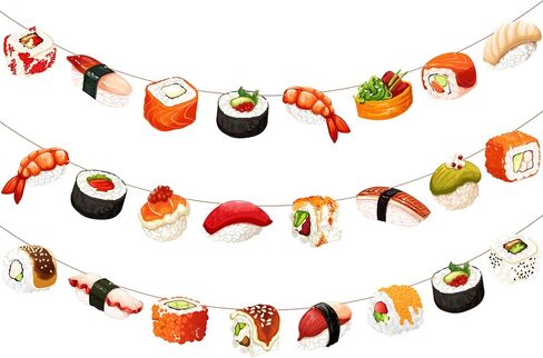 Sushi Theme Party Banner Garland, 3pcs Cute Sushi Roll Nigiri Hanging Garlands, Japanese Food Themed Party Decorations for Birthday Baby Shower Cooking Class Party Supplies in Kuwait