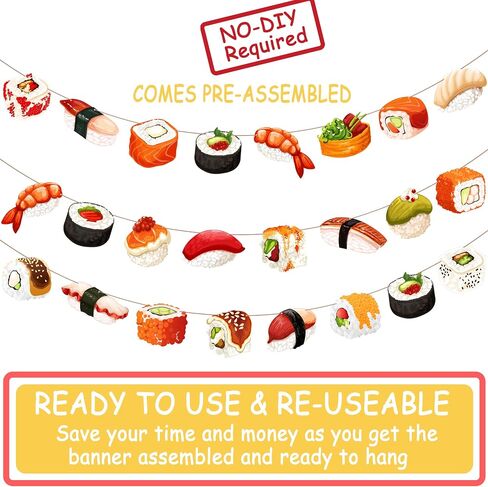 Sushi Theme Party Banner Garland, 3pcs Cute Sushi Roll Nigiri Hanging Garlands, Japanese Food Themed Party Decorations for Birthday Baby Shower Cooking Class Party Supplies in Kuwait