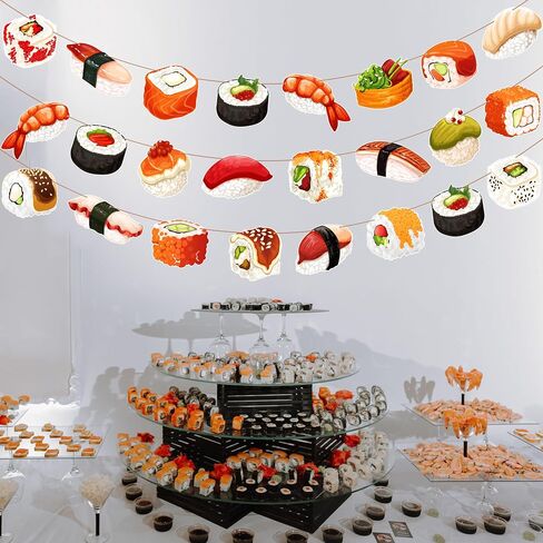 Sushi Theme Party Banner Garland, 3pcs Cute Sushi Roll Nigiri Hanging Garlands, Japanese Food Themed Party Decorations for Birthday Baby Shower Cooking Class Party Supplies in Kuwait