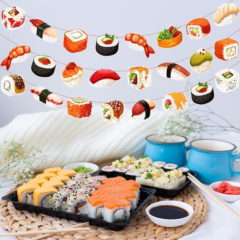 Sushi Theme Party Banner Garland, 3pcs Cute Sushi Roll Nigiri Hanging Garlands, Japanese Food Themed Party Decorations for Birthday Baby Shower Cooking Class Party Supplies in Kuwait
