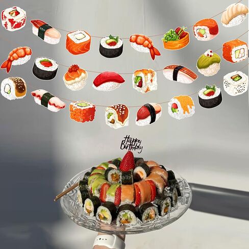 Sushi Theme Party Banner Garland, 3pcs Cute Sushi Roll Nigiri Hanging Garlands, Japanese Food Themed Party Decorations for Birthday Baby Shower Cooking Class Party Supplies in Kuwait