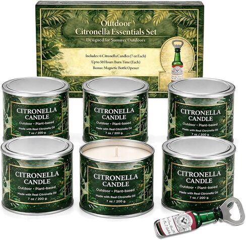 Citronella Candles Outdoor,6 Pack 42 oz Soy Wax Tin Candles with 7% Citronella Oil, Bonus Magnetic Bottle Opener, Up to 300 Hours, for Patio, Backyard, Camping, BBQ & Garden in Saudi Arabia