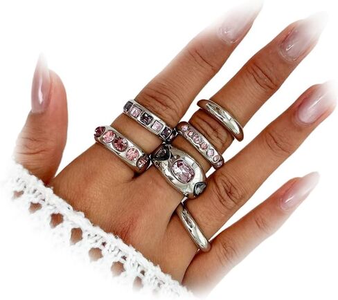 6Pcs Trendy Chunky Gold Silver Crystal Rings Non Tarnish Stackable for Women, Statement Purple Zircon Knuckle Ring Set Vintage Party Vacation Jewelry in Saudi Arabia