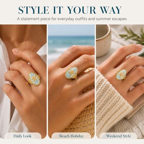Starfish Ring for Women,18K Gold-Tone Plated Adjustable Stainless Steel Open Band,Boho Ocean Jewelry with Sea Shell Inlay Rings,Comfort-Fit Statement Ring for Summer,Beach & Everyday Wear in Kuwait