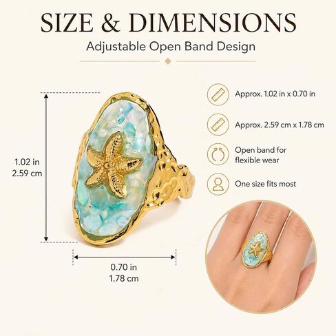 Starfish Ring for Women,18K Gold-Tone Plated Adjustable Stainless Steel Open Band,Boho Ocean Jewelry with Sea Shell Inlay Rings,Comfort-Fit Statement Ring for Summer,Beach & Everyday Wear in Kuwait