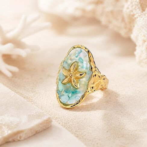 Starfish Ring for Women,18K Gold-Tone Plated Adjustable Stainless Steel Open Band,Boho Ocean Jewelry with Sea Shell Inlay Rings,Comfort-Fit Statement Ring for Summer,Beach & Everyday Wear in Kuwait