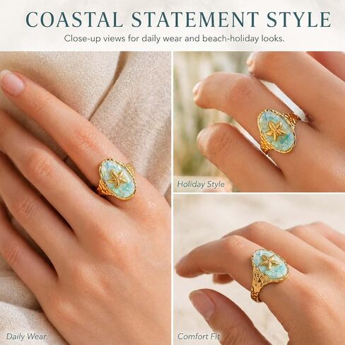 Starfish Ring for Women,18K Gold-Tone Plated Adjustable Stainless Steel Open Band,Boho Ocean Jewelry with Sea Shell Inlay Rings,Comfort-Fit Statement Ring for Summer,Beach & Everyday Wear in Kuwait