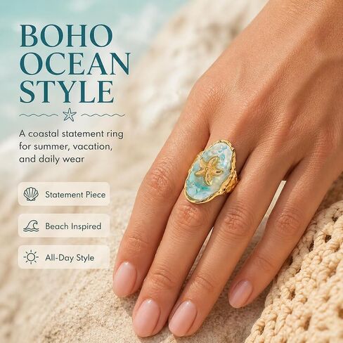Starfish Ring for Women,18K Gold-Tone Plated Adjustable Stainless Steel Open Band,Boho Ocean Jewelry with Sea Shell Inlay Rings,Comfort-Fit Statement Ring for Summer,Beach & Everyday Wear in Kuwait