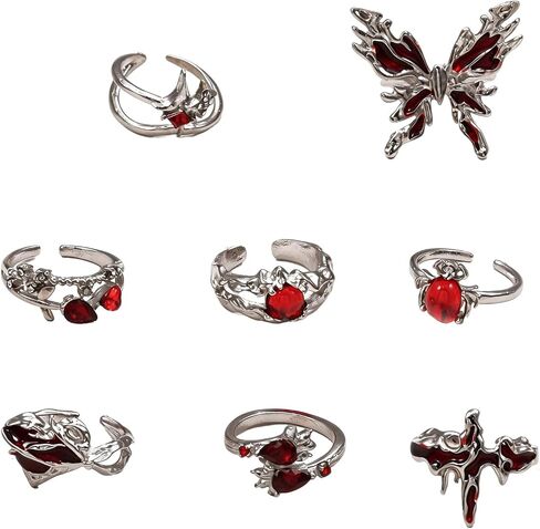 8 Pcs Dark Aesthetic Gothic Rings Set, Y2K Grunge Punk Rings for Women, Retro Silver Butterfly Cross Spider & Red Crystal Knuckle Ring, Stackable Emo Costume Accessory Jewelry Gifts for Halloween in Kuwait