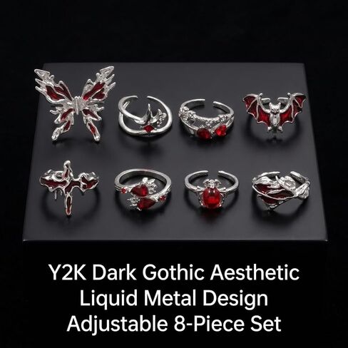 8 Pcs Dark Aesthetic Gothic Rings Set, Y2K Grunge Punk Rings for Women, Retro Silver Butterfly Cross Spider & Red Crystal Knuckle Ring, Stackable Emo Costume Accessory Jewelry Gifts for Halloween in Kuwait