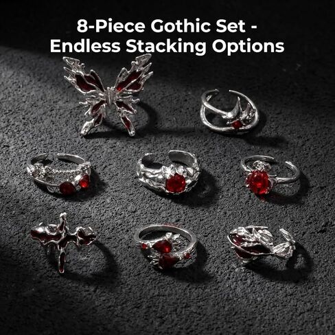8 Pcs Dark Aesthetic Gothic Rings Set, Y2K Grunge Punk Rings for Women, Retro Silver Butterfly Cross Spider & Red Crystal Knuckle Ring, Stackable Emo Costume Accessory Jewelry Gifts for Halloween in Kuwait