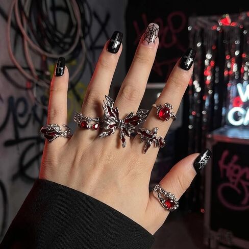 8 Pcs Dark Aesthetic Gothic Rings Set, Y2K Grunge Punk Rings for Women, Retro Silver Butterfly Cross Spider & Red Crystal Knuckle Ring, Stackable Emo Costume Accessory Jewelry Gifts for Halloween in Kuwait