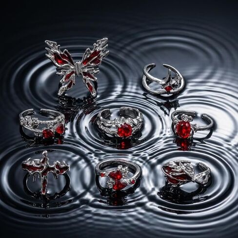 8 Pcs Dark Aesthetic Gothic Rings Set, Y2K Grunge Punk Rings for Women, Retro Silver Butterfly Cross Spider & Red Crystal Knuckle Ring, Stackable Emo Costume Accessory Jewelry Gifts for Halloween in Kuwait